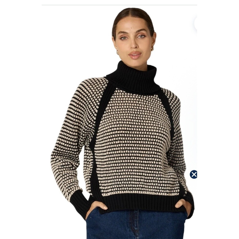Women's Cleobella Small Madison Black Cream Turtleneck Cotton Knit Sweater